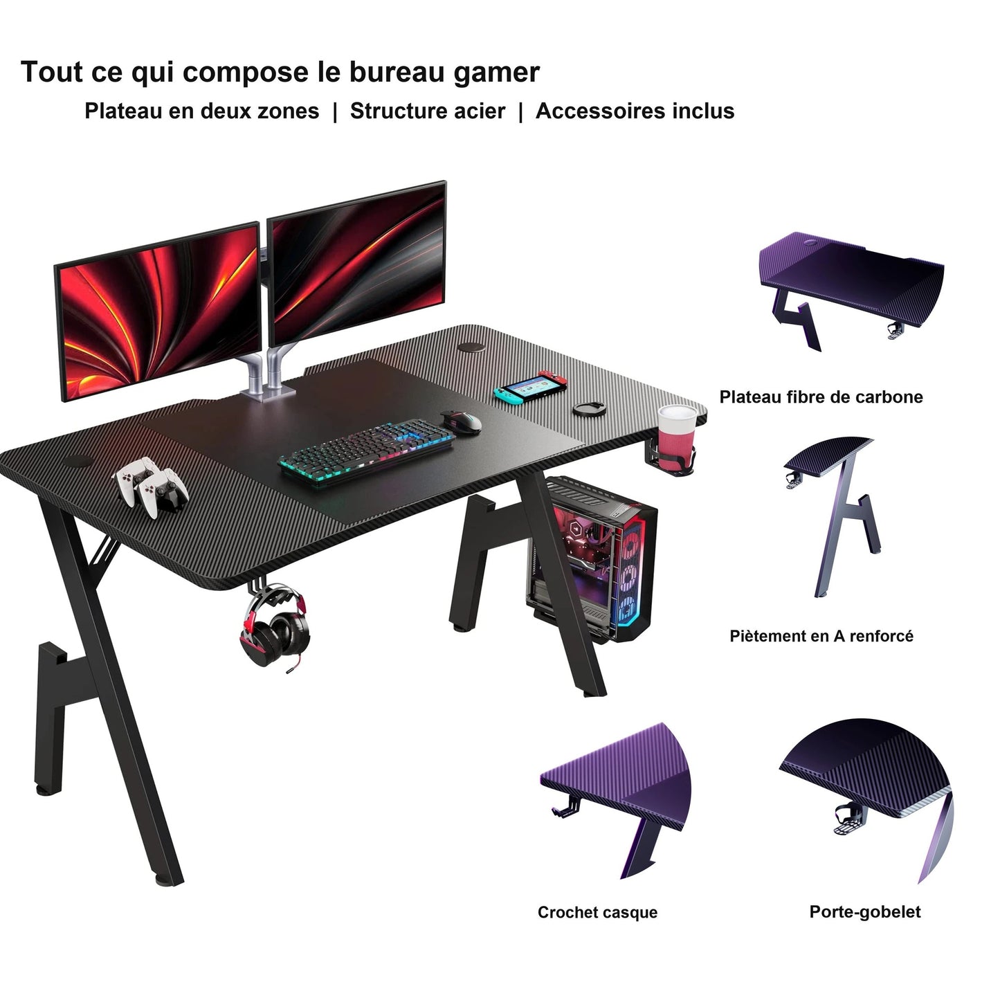 Composants du bureau gamer : plateau, piètement, crochet casque, porte-gobelet