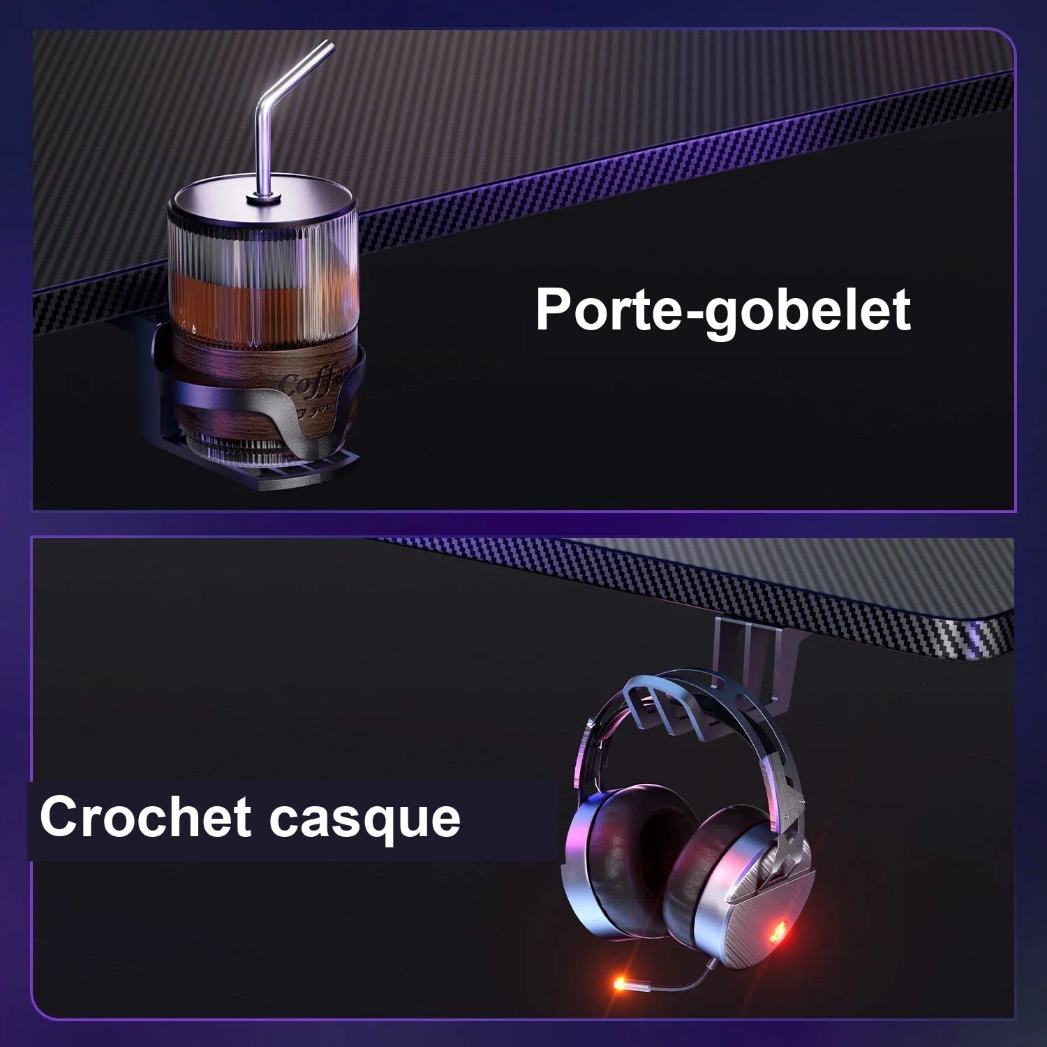 Porte-gobelet et crochet pour casque du bureau gamer