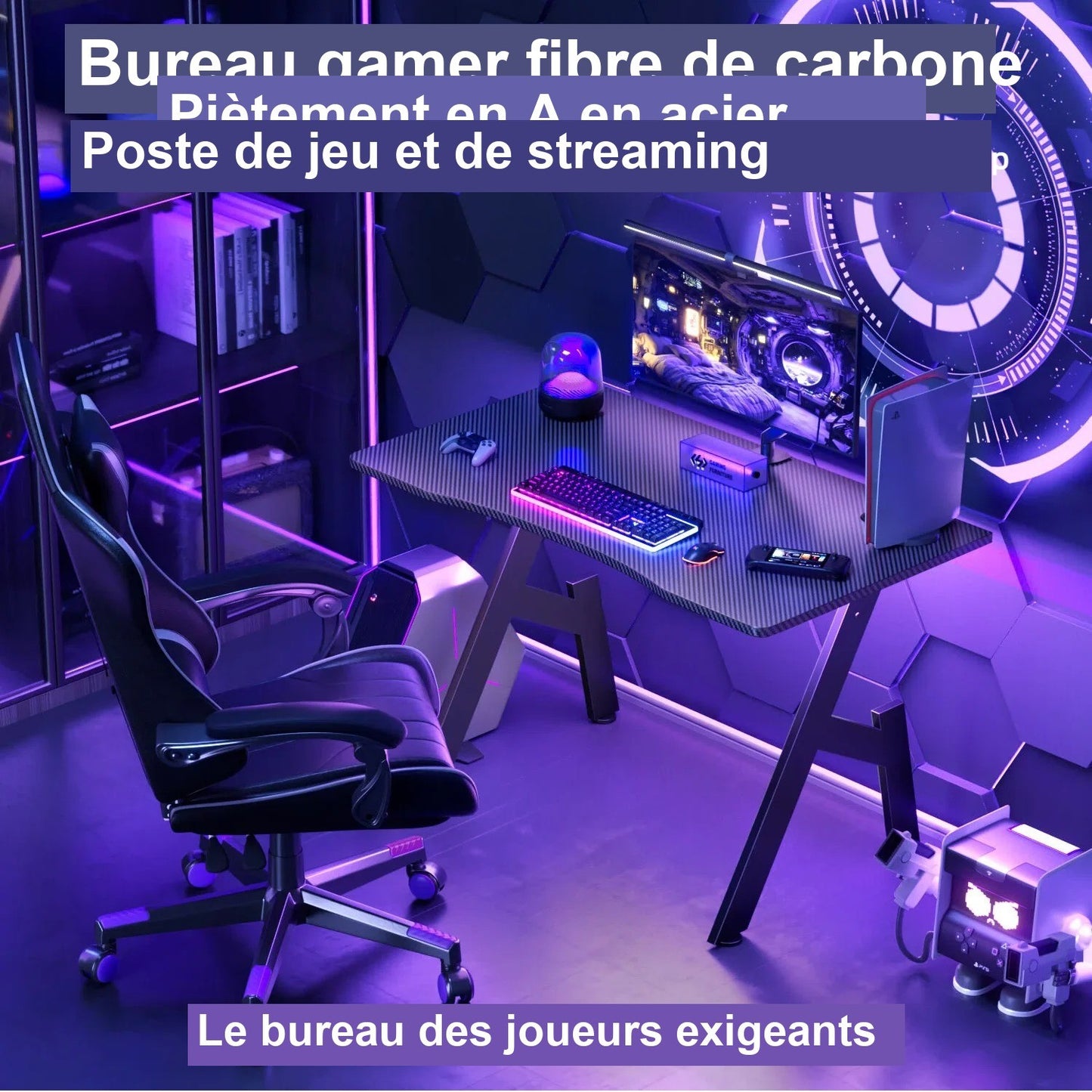 Bureau gamer fibre de carbone en poste de jeu et de streaming